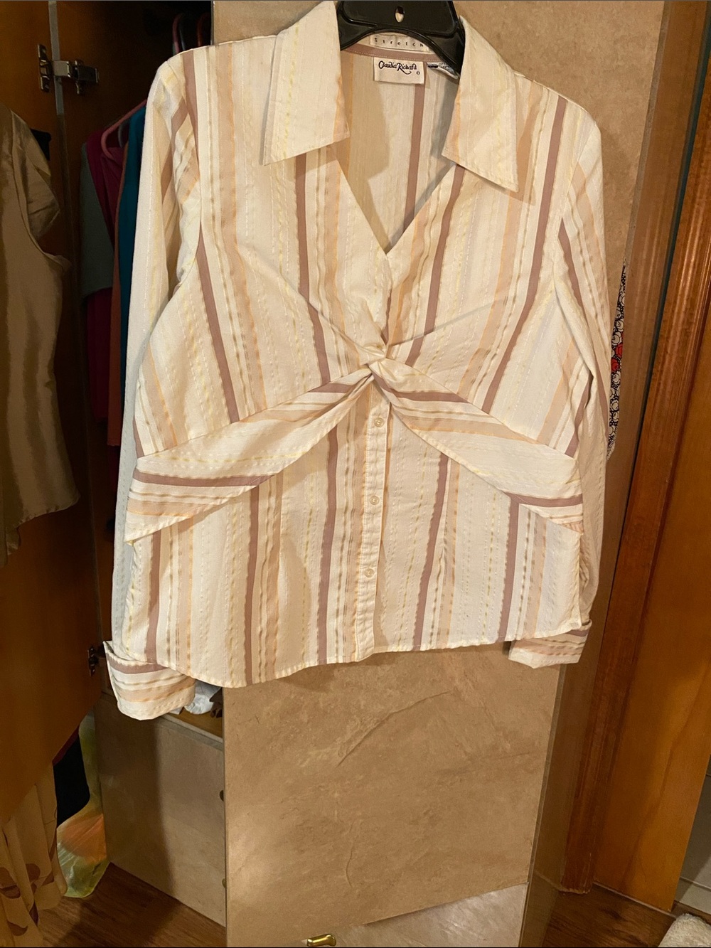 Vintage Claudia Richard Striped Twist Front Blouse Shirt Cream Mauve Size L
